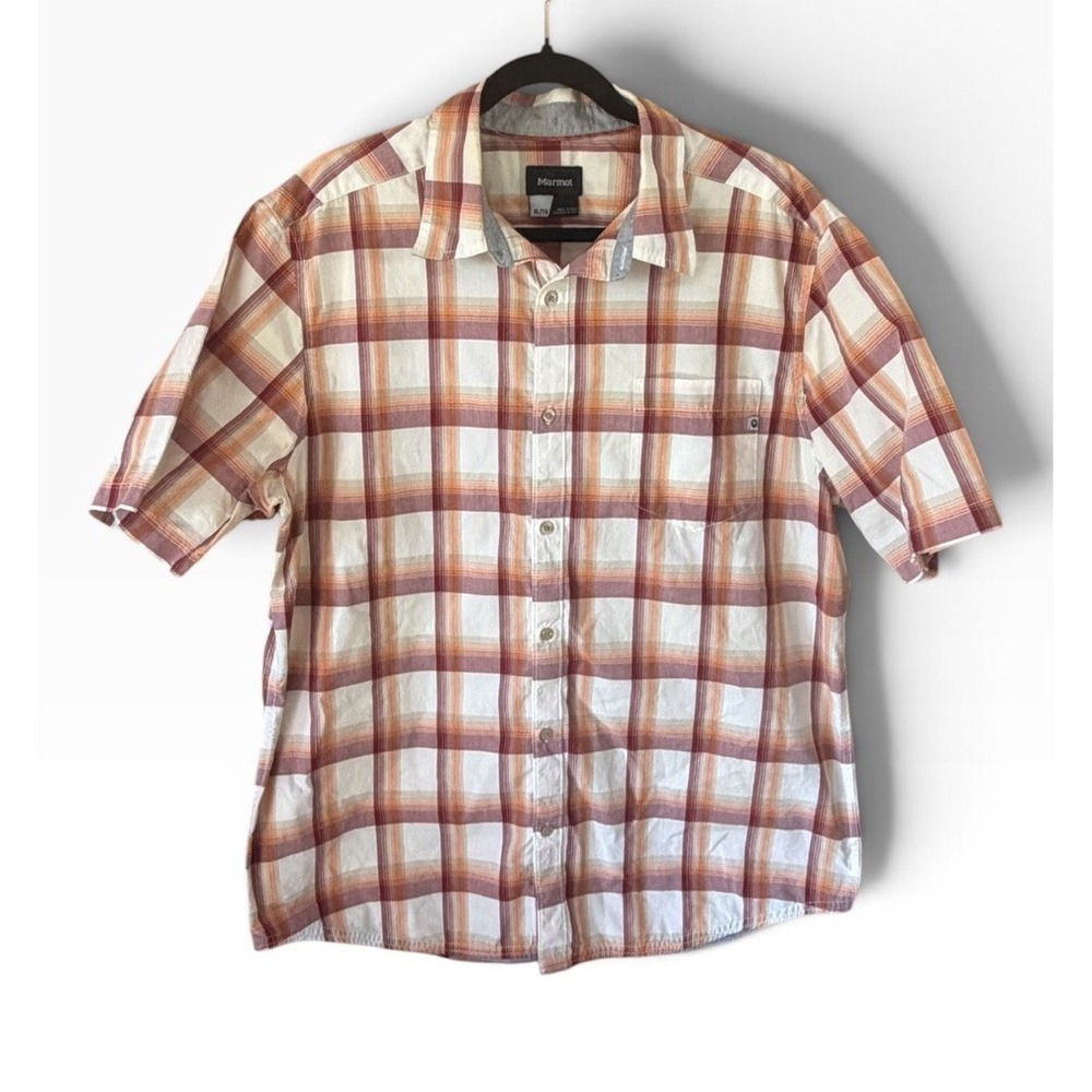 Marmot Orange Plaid Short Sleeve Outdoor Hiking Shirt Mens XL